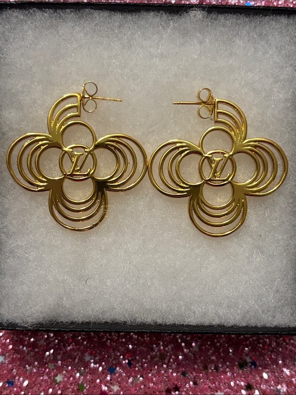 LV Gold-Tone Floral Logo Drop Earrings